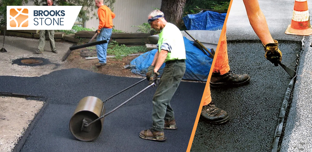 Workers installing asphalt paving to achieve optimal driveway thickness
